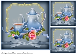 3 Blue floral tea set card front/toppers