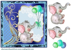 Blue elephant with balloons card front