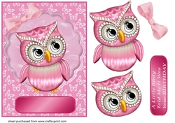 Pink owl birthday card front