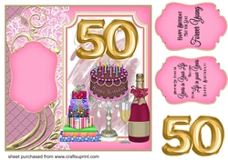 Age 50 Champagne,cake and presents card front