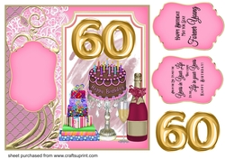 Age 60 Champagne,cake and presents card front