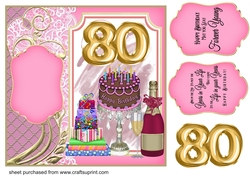 Age 80 Champagne,cake and presents card front