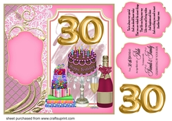 Age 30 champagne cake and present card front