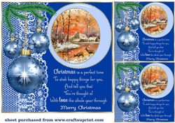 3 Blue Christmas baubles with scene card front/toppers(value sheet)5