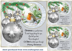 3 Silver Christmas bauble scene card front/toppers 1
