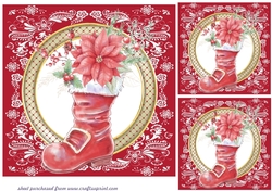 3 Red floral Santa boot card front/toppers