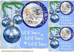 3 Blue vintage Christmas scene card front/toppers 1
