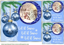 3 Blue vintage Christmas scene card front/toppers 2