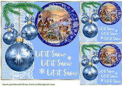3 Blue vintage Christmas scene card front/toppers 3