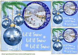 3 Blue vintage Christmas scene card front/toppers 4