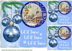 3 Blue vintage Christmas scene card front/toppers 5