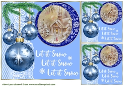 3 Blue vintage Christmas scene card front/toppers 6