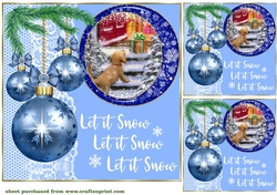 3 Blue vintage Christmas scene card front/toppers 9