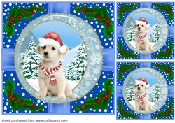3 Blue Christmas pup with holly corners card front/topper 1