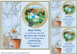 3 Blue Birthday gardening theme card front/toppers