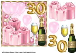Pink age 30 balloons and presents card front