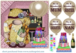 Pink family Birthday gnome champagne card front
