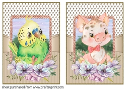 Floral budgie and piglet card fronts