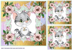 3 Cute floral kitten card front/toppers