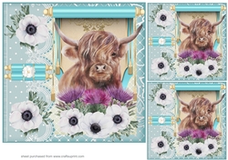 3 Turquoise floral Highland cow card front/toppers