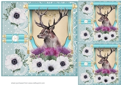 3 Turquoise floral Highland stag card front/toppers