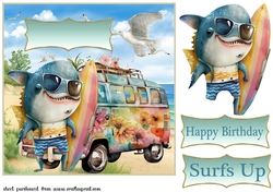 Surfing shark Birthday card front 1