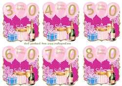 age 30-80 Champagne and presents toppers with room for name or relation on balloon