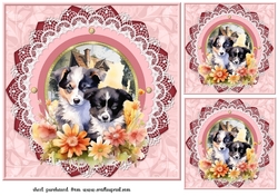 3 Framed floral puppies card front/toppers 1