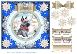 Blue and cream Christmas Scottie card front 1