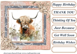 Lace framed hedgerow Highland cow card front 2