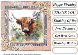 Lace framed hedgerow Highland cow card front 4