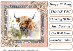 Lace framed hedgerow Highland cow card front 6