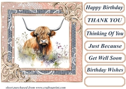 Lace framed hedgerow Highland cow card front 8