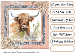 Lace framed hedgerow Highland cow card front 9