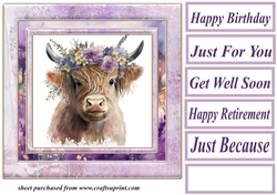 Purple floral Highland cow card front 2