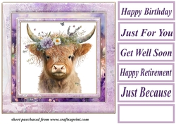 Purple floral Highland cow card front 5