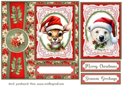 Poinsettia Christmas animals card front 1