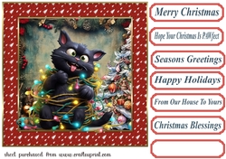 Black cat in a tangle Christmas card front 9