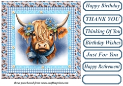 Blue floral Highland cow card front