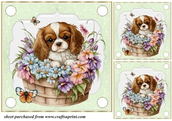 3 Green floral pup in basket card front/toppers 3