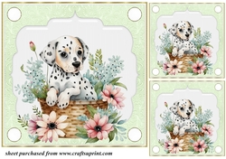 3 Green floral pup in basket card front/toppers 6