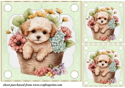 3 Green floral pup in basket card front/toppers 10