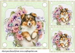 3 Green floral pup in basket card front/toppers 13