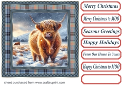 Blue check framed Christmas Highland cow card front 1
