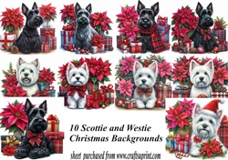 10 Christmas Scottie and Westie with presents backgrounds(png)