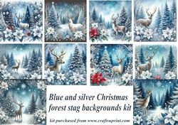 Blue and silver Christmas forest stag backgrounds kit
