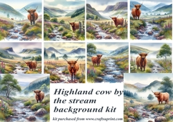 Highland cow by the stream backgrounds kit
