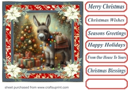 Holly and poinsettia framed Christmas donkey card front 3