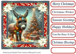 Holly and poinsettia framed Christmas donkey card front 4