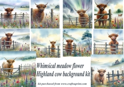 Whimsical meadow flower Highland cow backgrounds kit